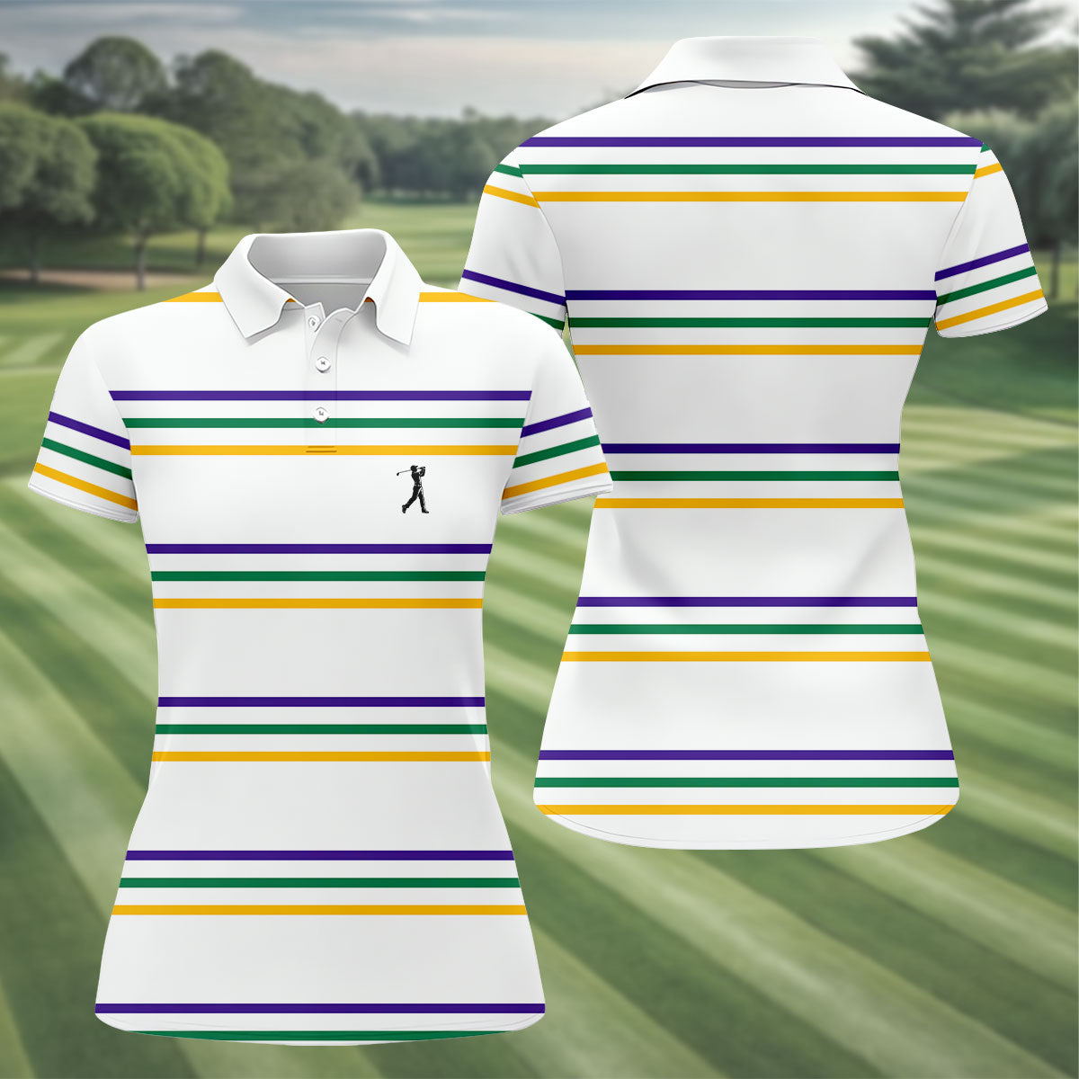 Mardi Gras Purple Green Gold Stripe Pattern Women White Golf Shirt, Ladies Golf Polos, Golf Shirt For Women