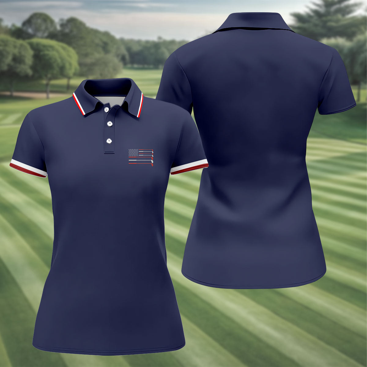 Golf Clubs US Flag Logo 250 Years Navy Golf Shirt, Patriotic 4th Of July Golf Shirt For Women