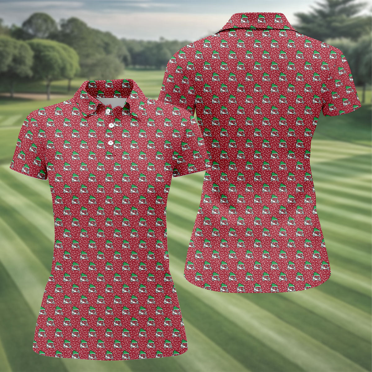 Christmas Golf Cart Pattern Red Women's Golf Tops, Christmas Golf Shirt, Polo ShirtFor Women