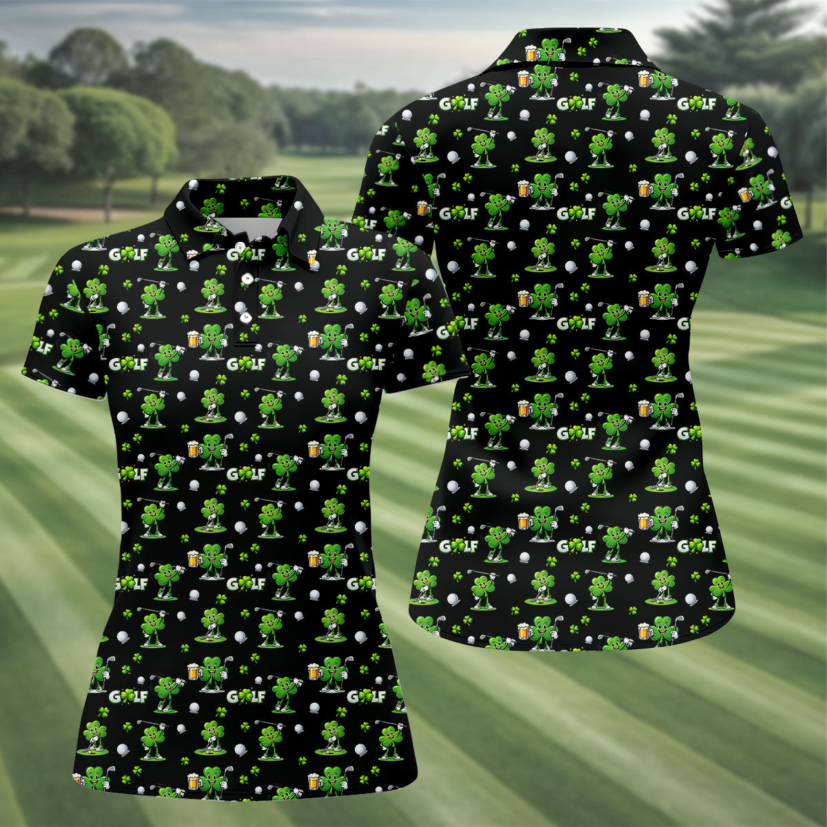 Three Leaf Clover Golf And Beer St Patrick's Day Black Golf Shirt, Women's Golf Shirts, Ladies Golf Polos