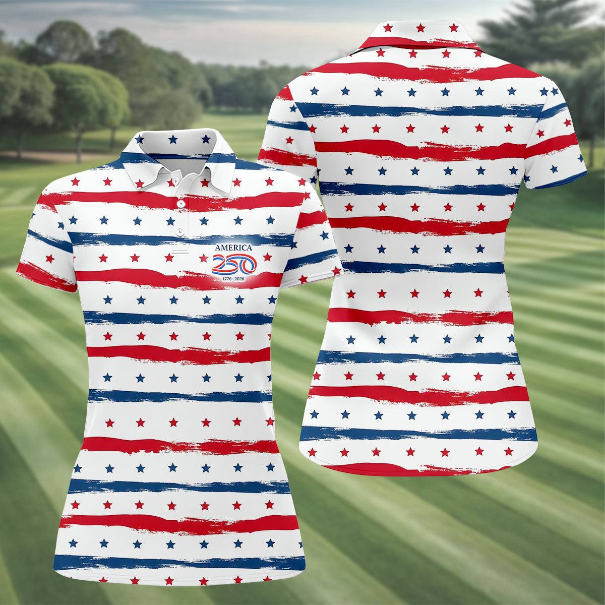 America 250 Red White Blue Stars And Stripes Ladies Golf Tops, Patriotic 4th Of July Golf Shirt For Women