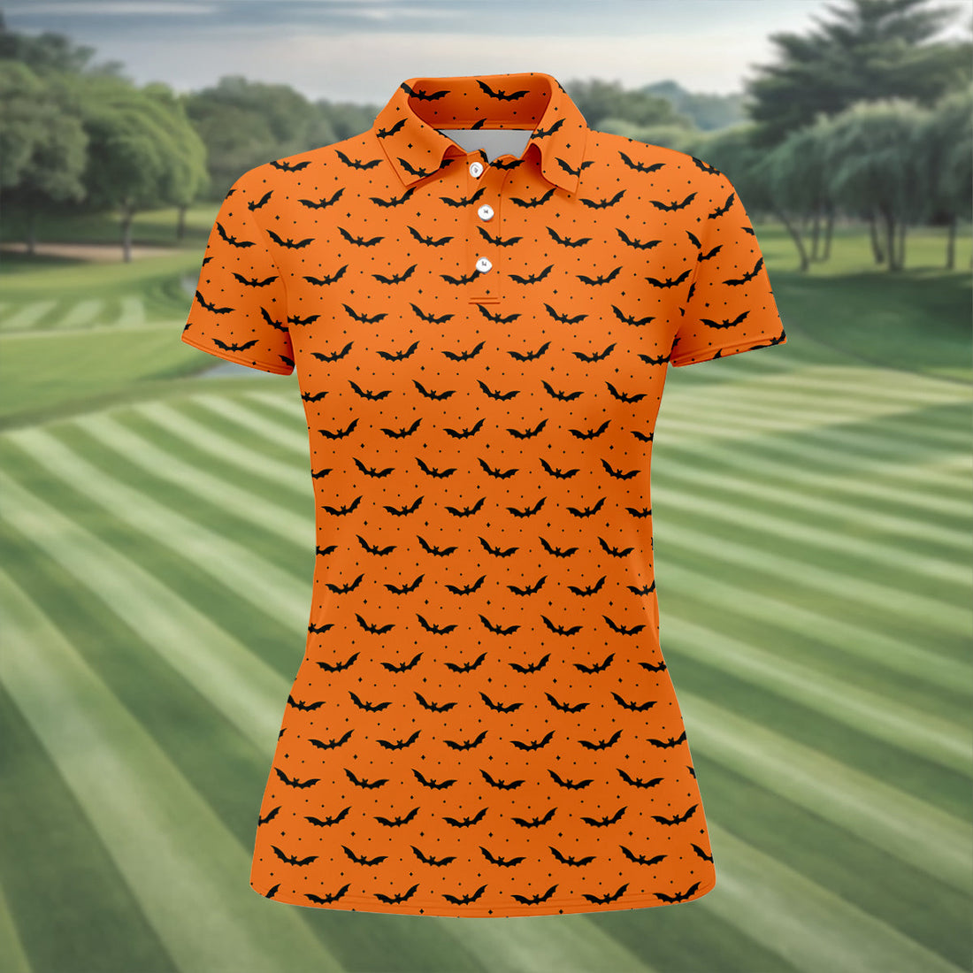 Spooky Bats Orange Halloween Golf Shirt, Ladies Golf Tops, Golf Gifts For Women, Golfing Apparel