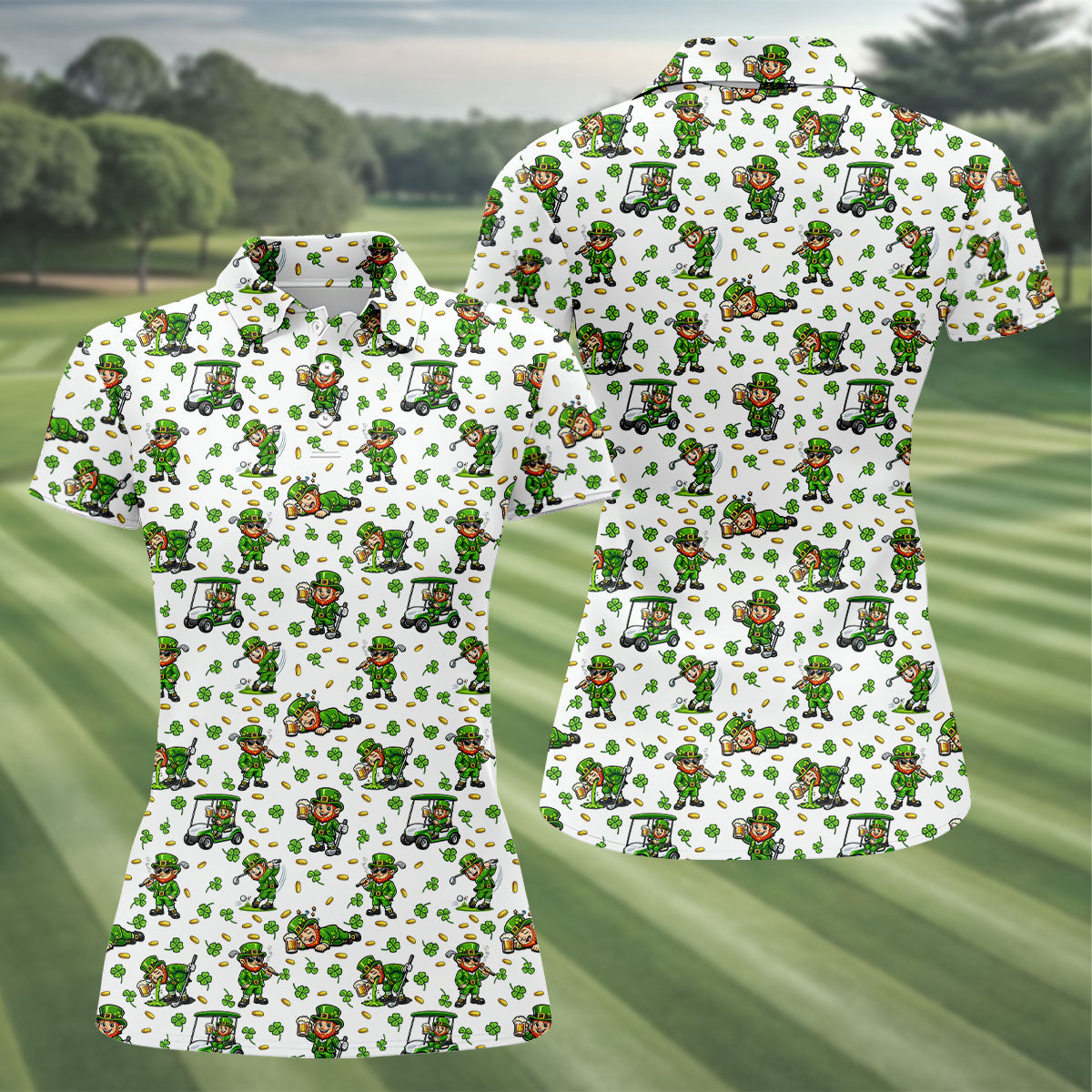 Funny Leprechaun Golf And Beer Green Shamrocks St Patrick's Day Golf Shirt, Women's Golf Shirts, Ladies Golf Polos