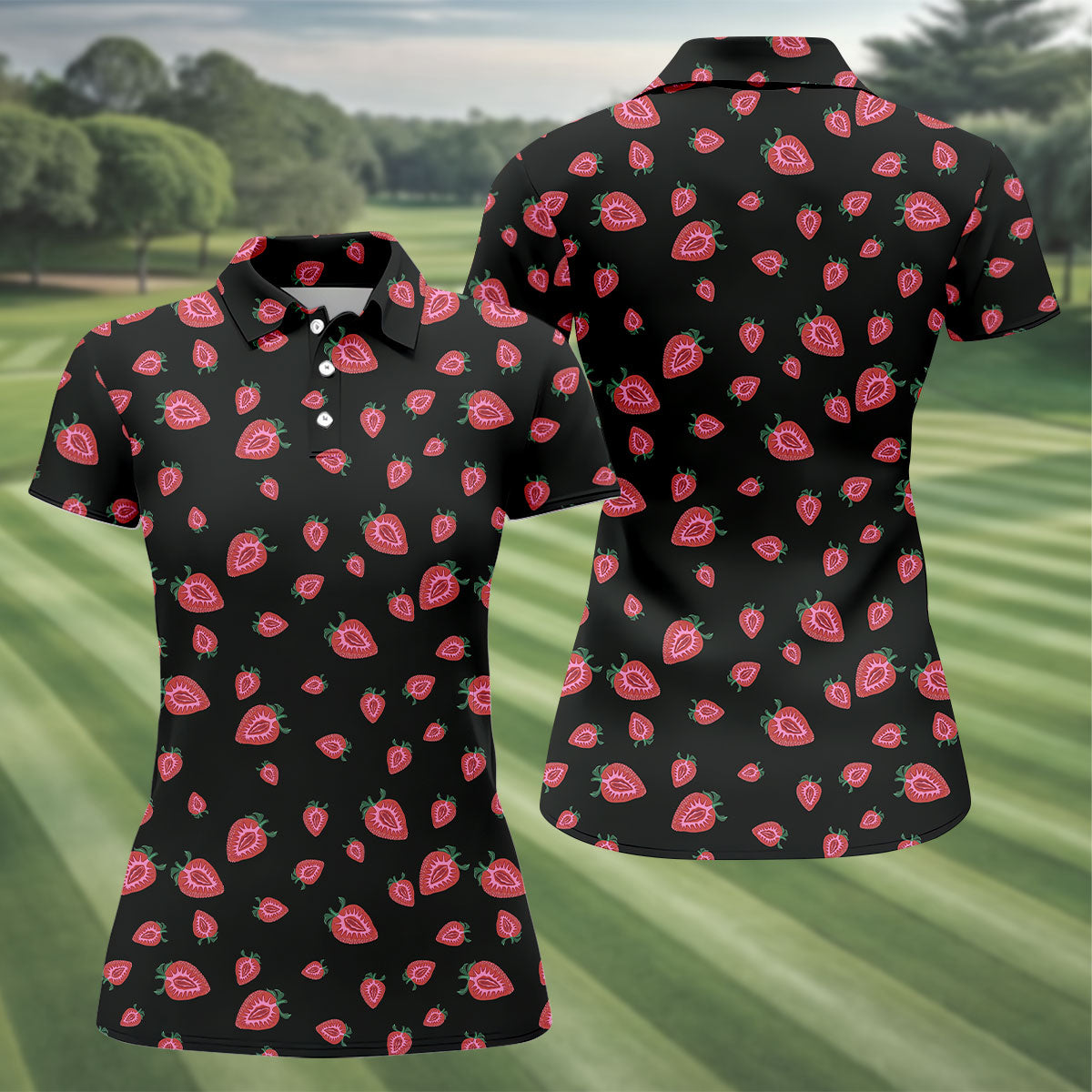 Strawberry Slice Black Golf Shirt, Golf Polo For Women, Women's Golf Shirt, Hawaiian Golf Shirt