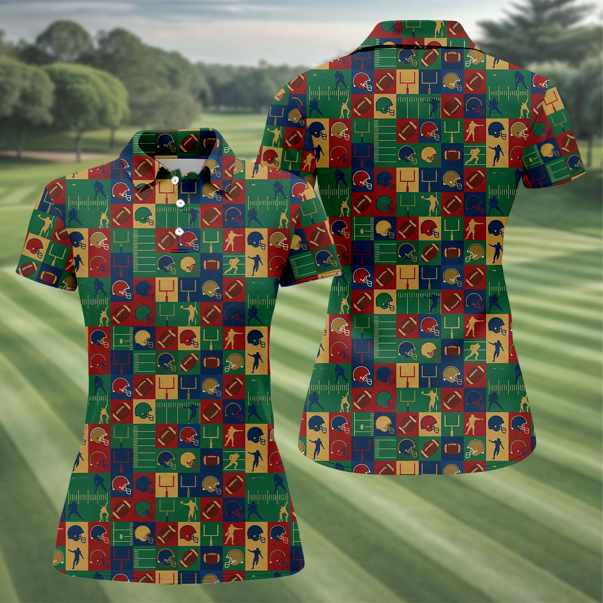 Football Pattern Square Grid Sport Polo, American Football Shirt, Game Day Football Theme Women's Green Polo Shirts