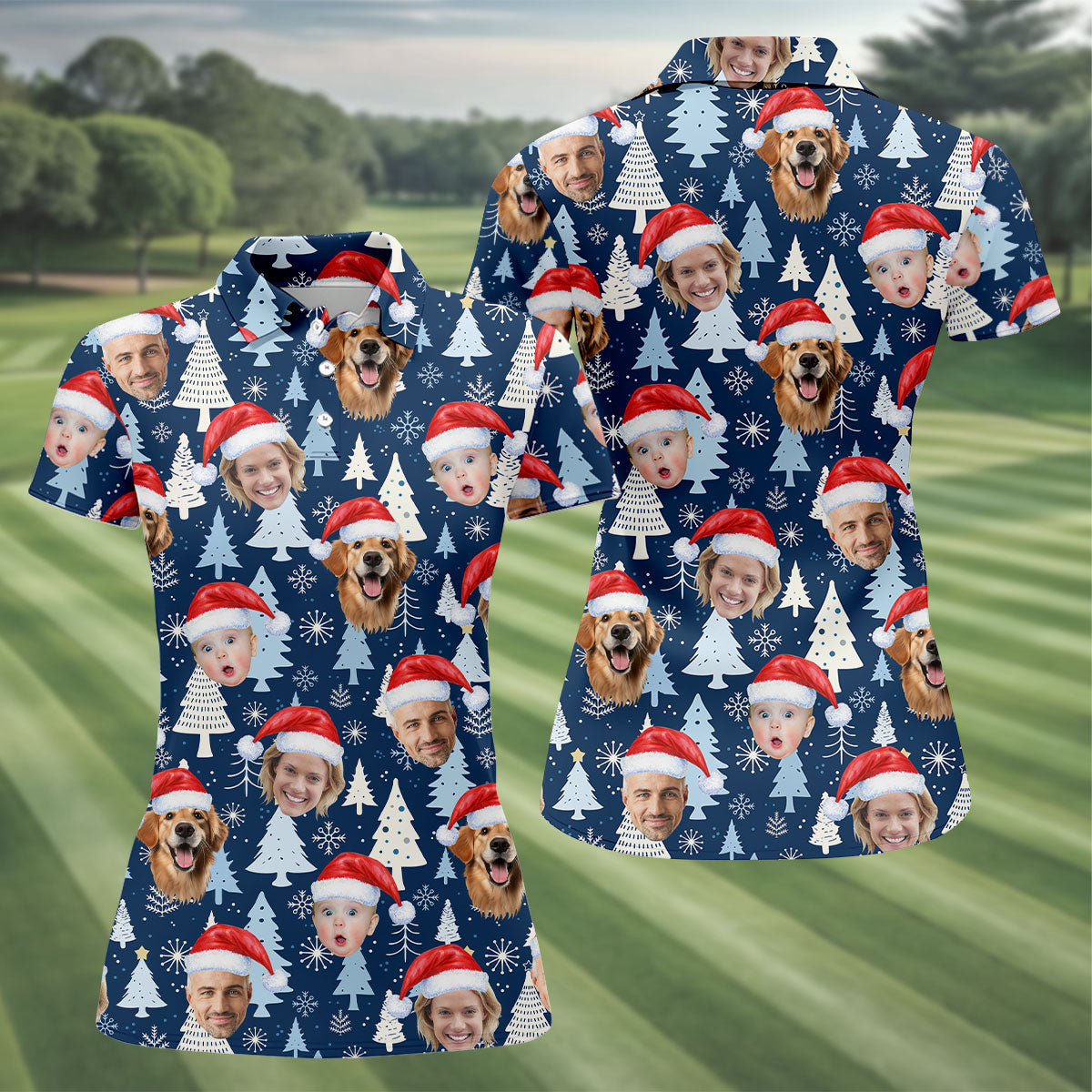 Custom Face Pine Tree Pattern White And Navy Christmas Golf Shirt, Ladies Golf Shirts, Golf Gifts For Women