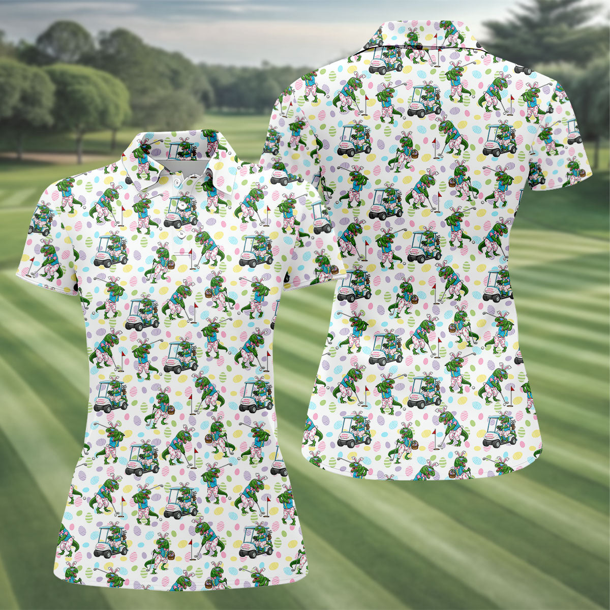 T-Rex Bunny Colorful Easter Egg Women Golf Top, Fun Women's Golf Shirts, Ladies Golf Shirts