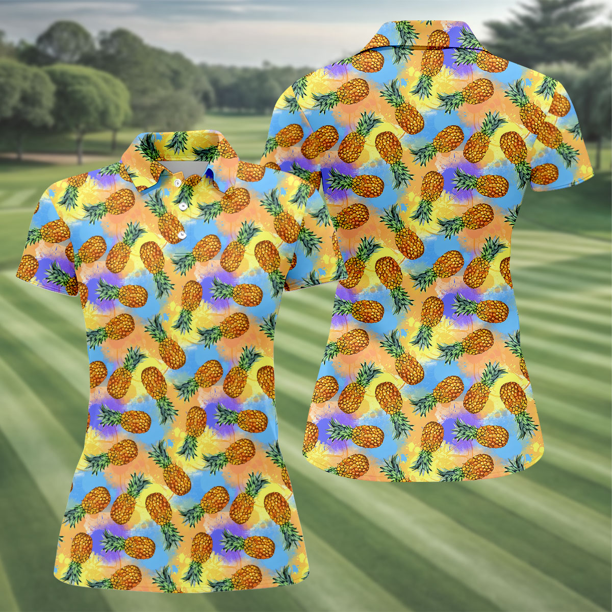 Watercolor Pineapple Tropical Pattern Golf Shirt, Women's Golf Shirt, Hawaiian Golf Shirt, Golf Polo For Women