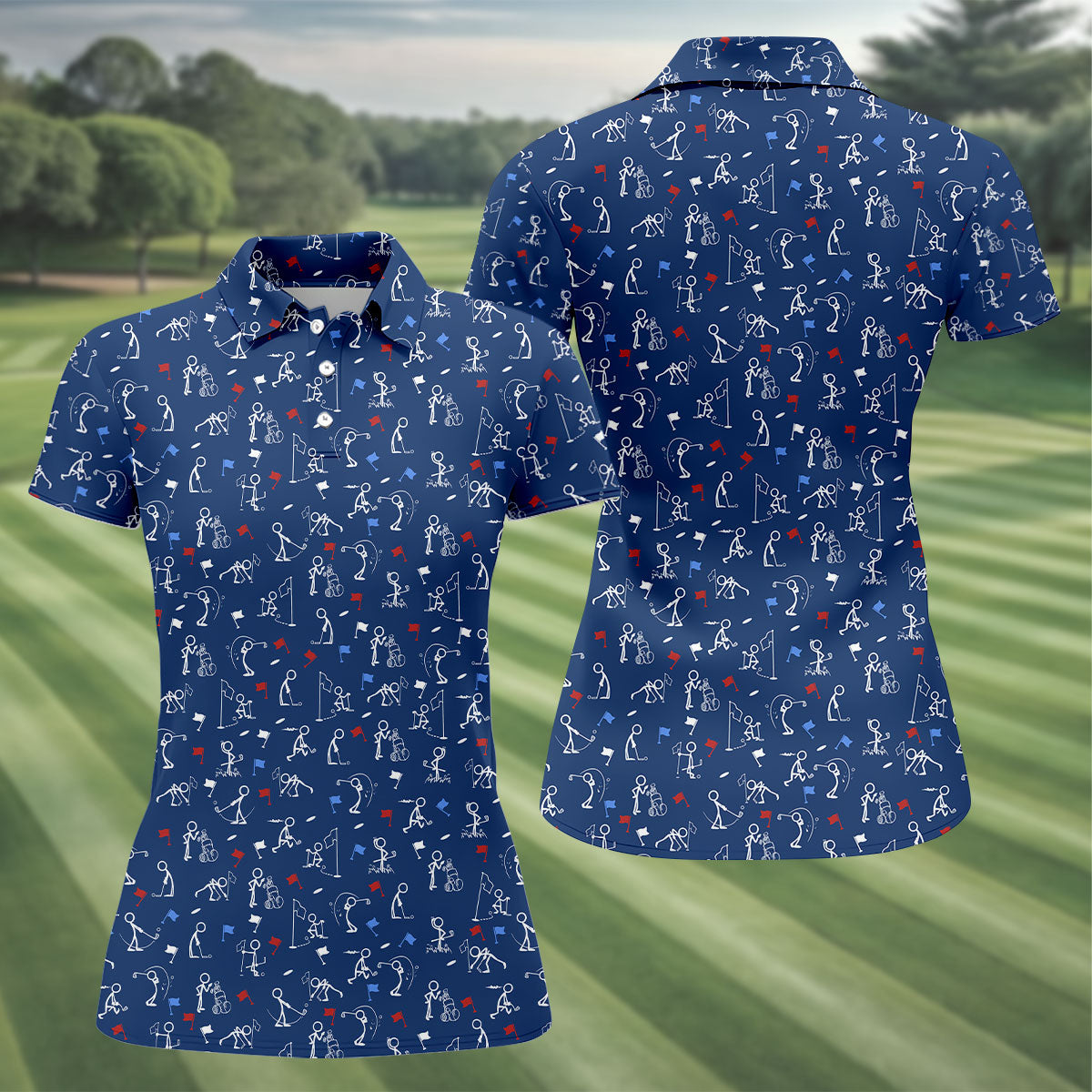 Funny Stick Figure Golf Pose Red White Blue Patriotic Golf Shirt, 250th Anniversary Women's Golf Tops