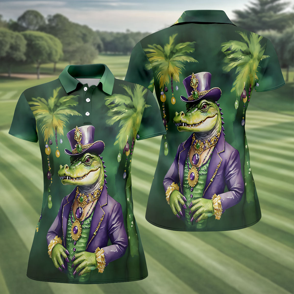 Mardi Gras Alligator Decorated Palm Tree Print Golf Shirt, Women's Golf Tops, Ladies Golf Shirt