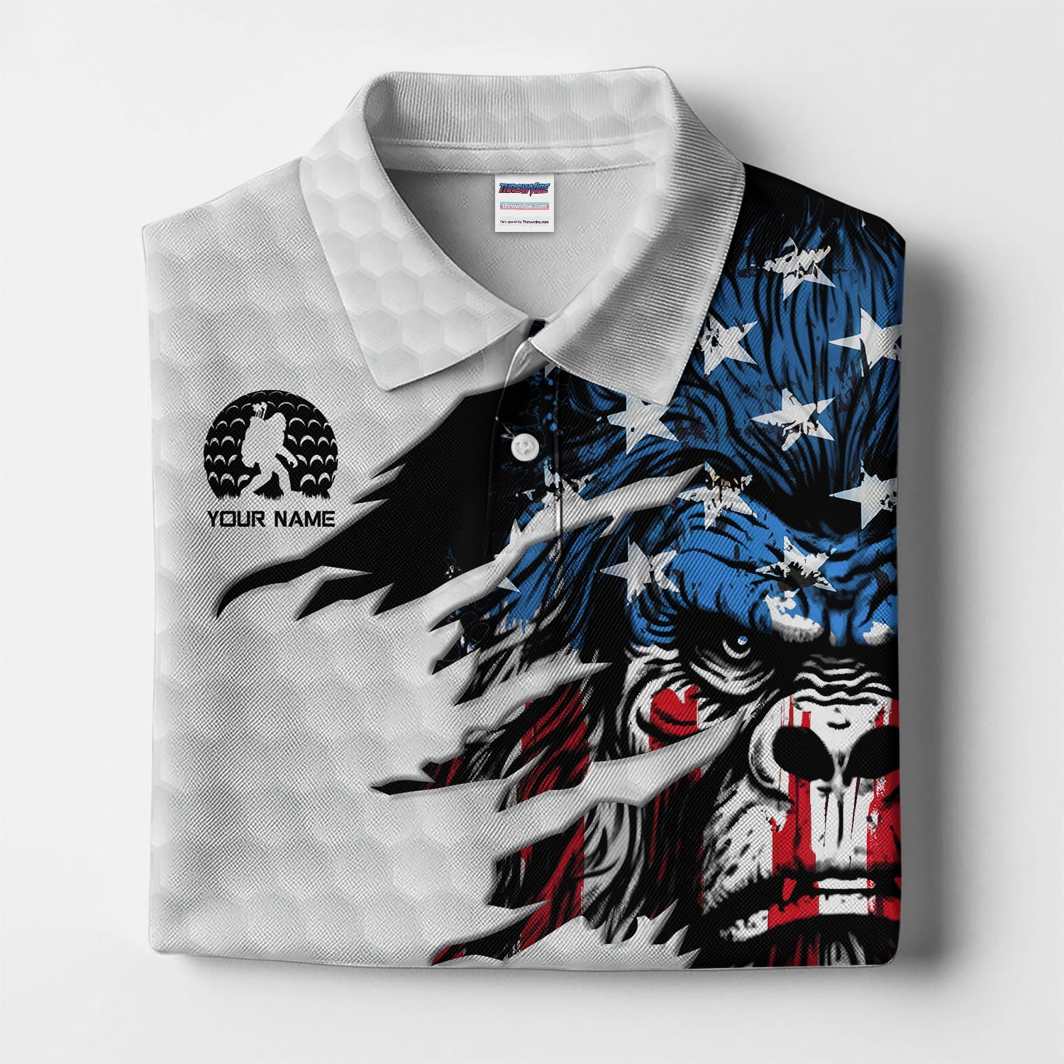 Personalized Patriotic Bigfoot Polos, Custom Name American Flag Bigfoot Golf Shirt, Golf Gift For Golfer