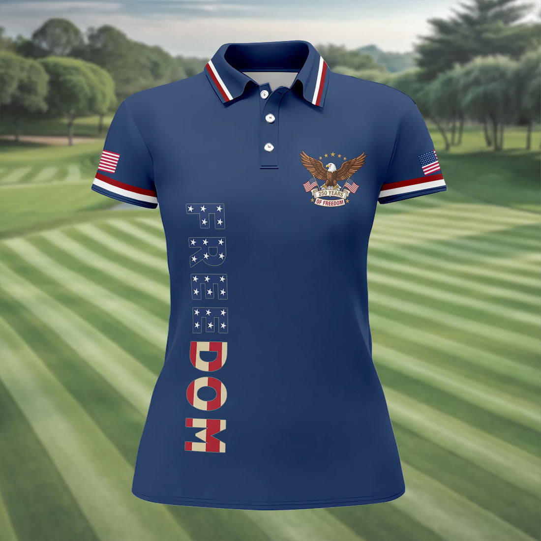 250 Years Of Freedom US Flag Logo Navy Golf Shirt, Patriotic 4th Of July Golf Shirt For Women