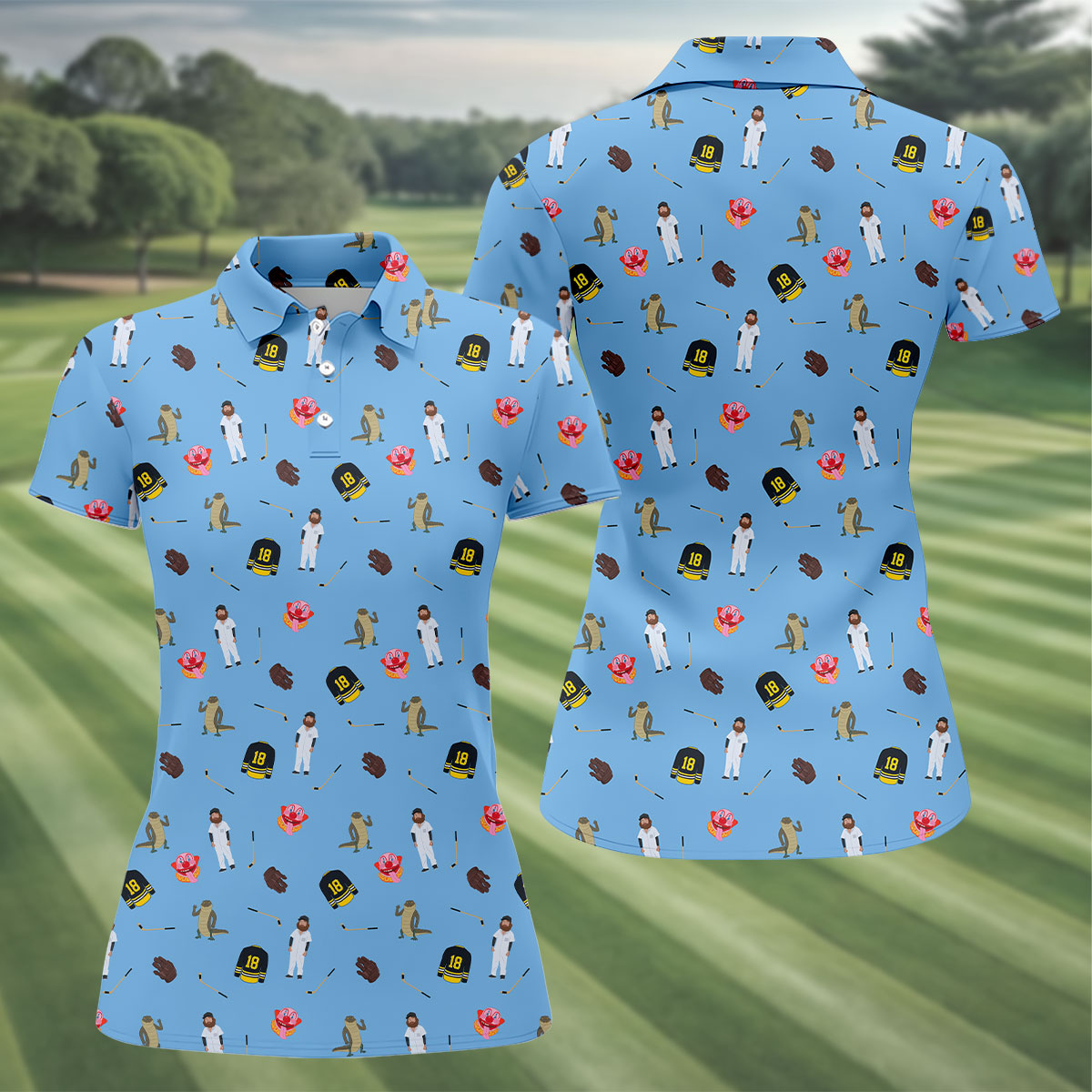 Sport Movie Character Funny Aligator Clown Head Blue Golf Shirt, Fun Women's Golf Shirts, Ladies Golf Shirt