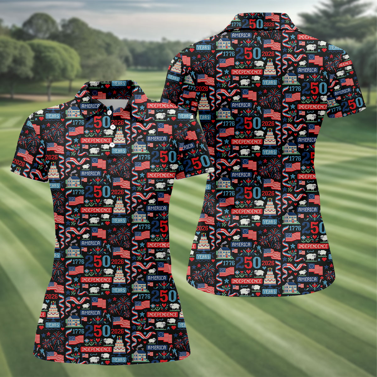 America Independence 250 Years Black Golf Shirt, Patriotic 4th Of July Golf Shirt For Women