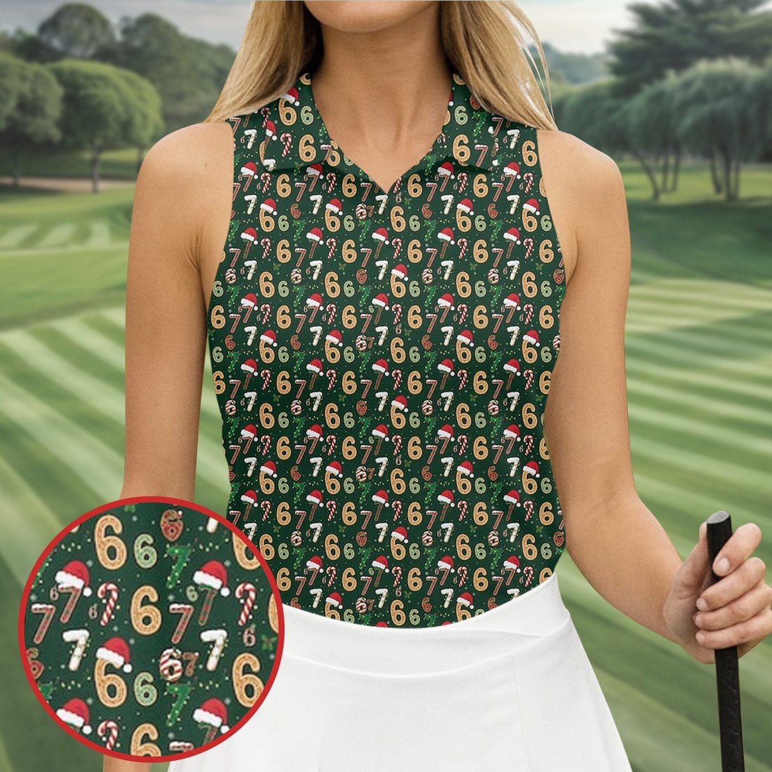 Six Seven Funny Christmas Green Golf Tops For Women, Christmas Golf Shirt, Women Golf Apparel