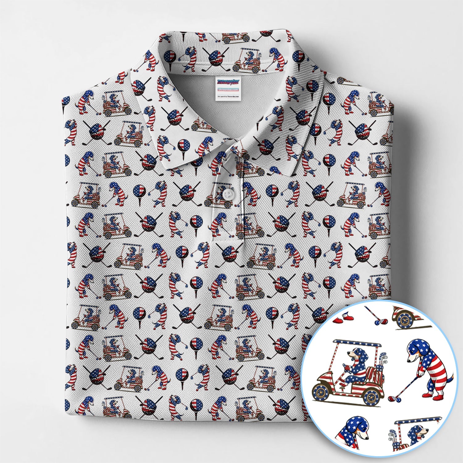 Patriotic Dachshund Golf Polos, USA Flag With Wiener Dog Pattern Golf Shirt, Funny Golf Gift For Golfer