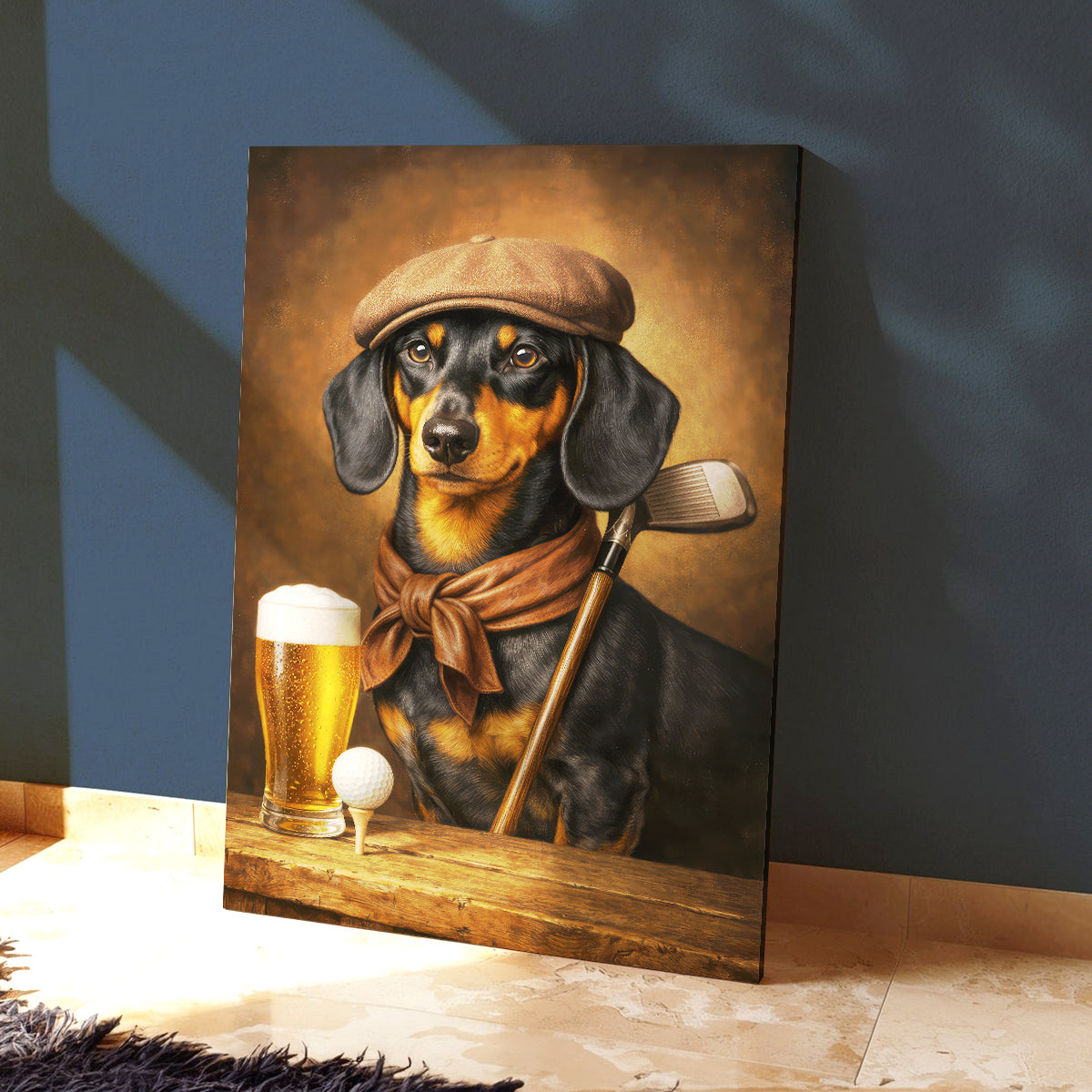 Vintage Dachshund Golf Canvas, Funny Wiener Dog And Beer Poster, Gift For Golf Lovers