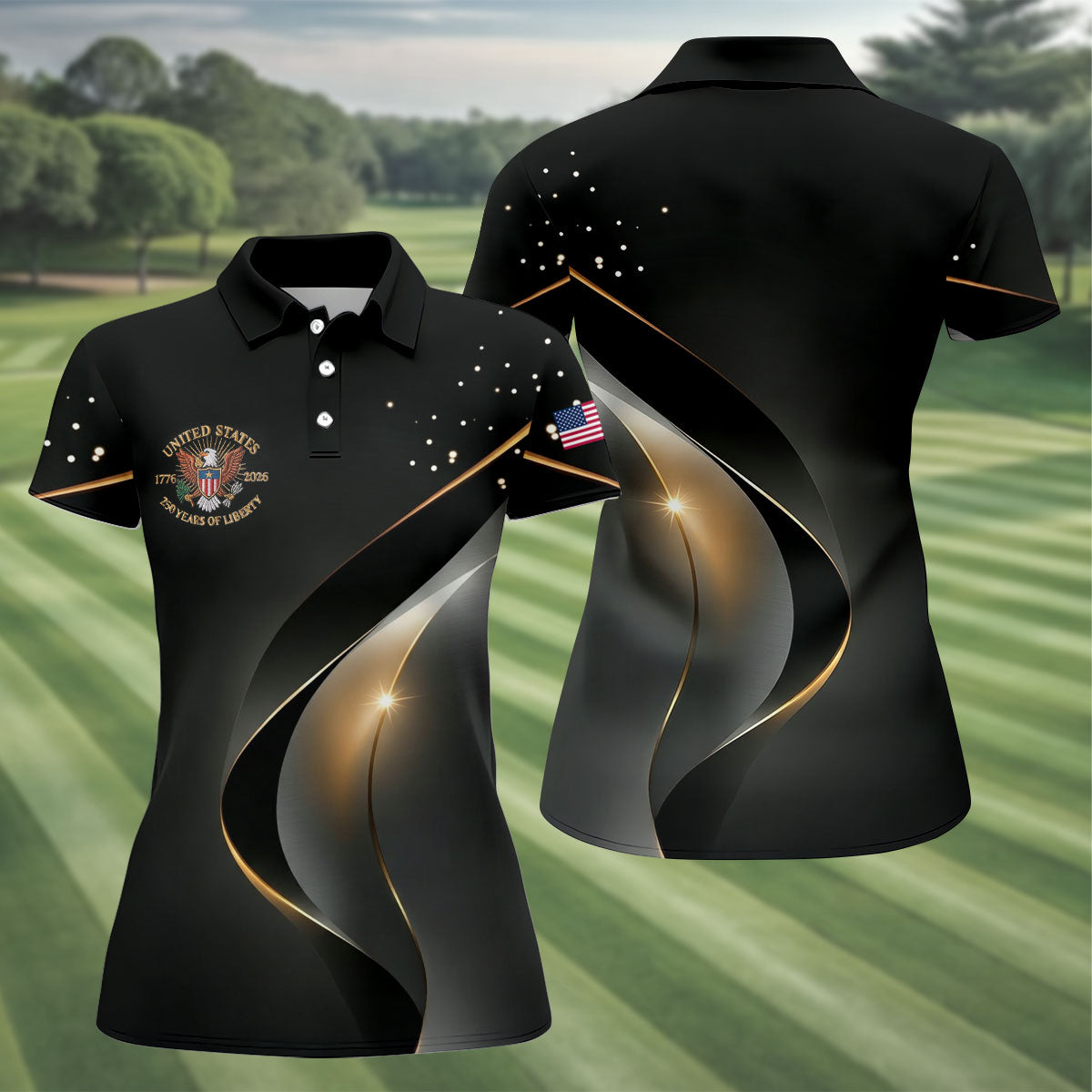 US 250 Years Of Liberty American Flag And Bald Eagle Black Golf Shirt, Patriotic 4th Of July Golf Shirt For Women