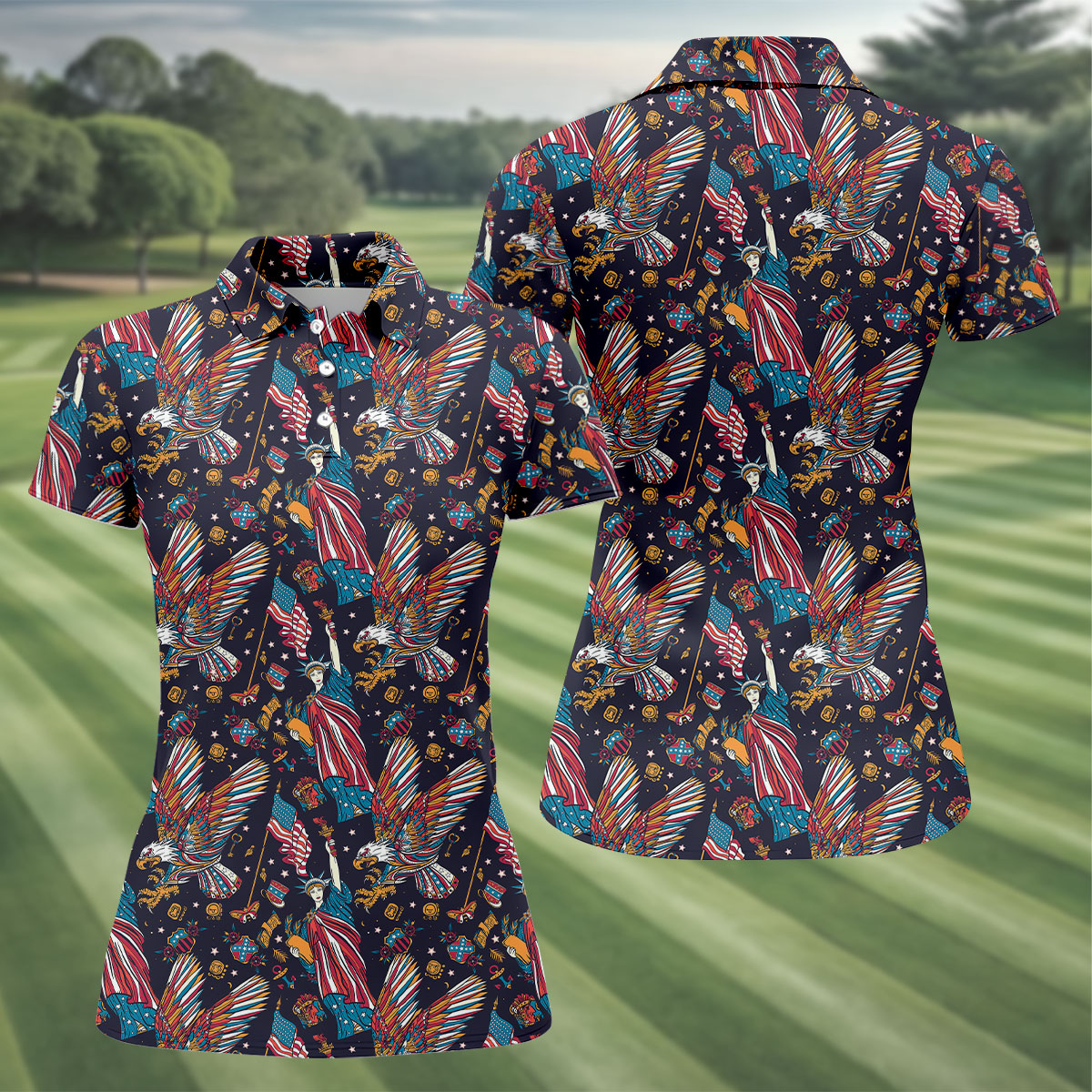 Patriotic American Eagle With Flag Statue Of Liberty Pattern 250th Anniversary Golf Shirt For Women