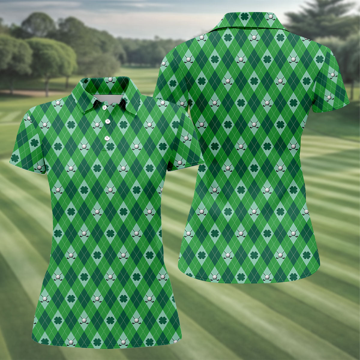Lucky Four Leaf Clover Golf Ball Pattern Argyle Pattern St Patrick's Day Golf Shirt, Women's Golf Tops