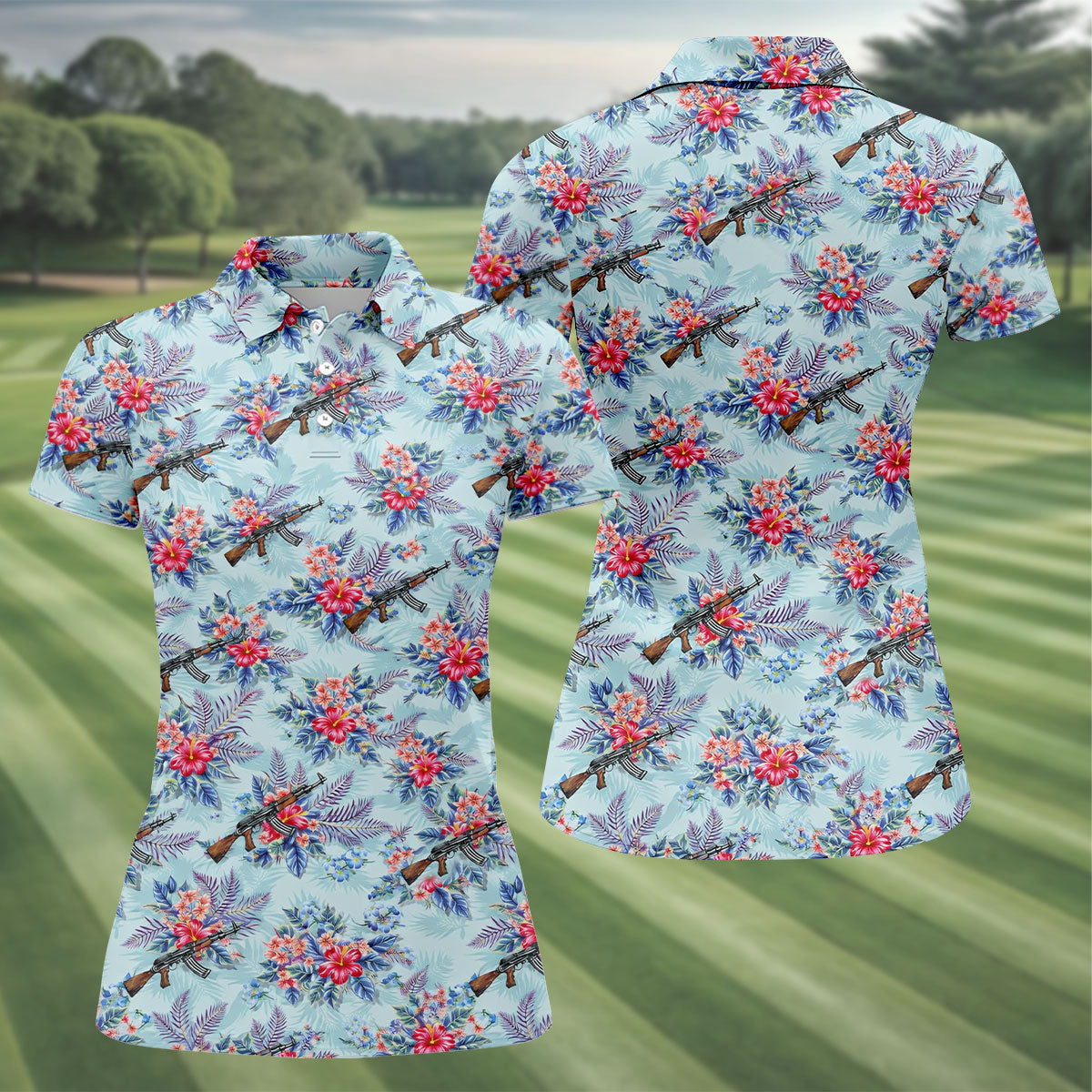 Hawaiian Floral Military Theme Light Blue Golf Shirt, Ladies Golf Shirts, Women's Polo Shirt