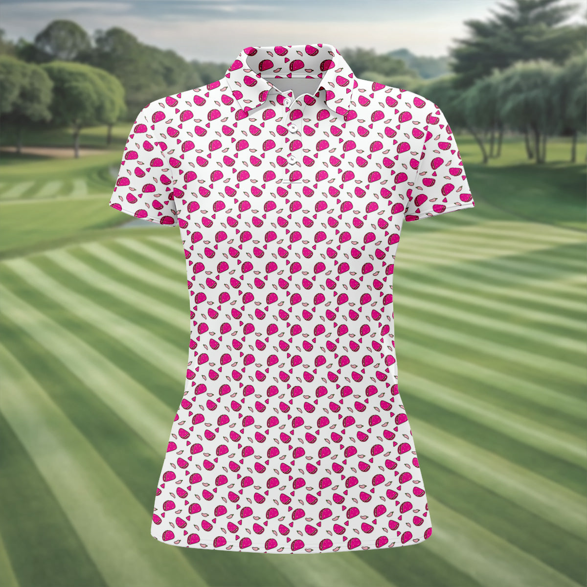 The Pink Taco Seamless Pattern White Golf Shirt, Women's Golf Tops, Tacos Lover Golf Gift For Ladies