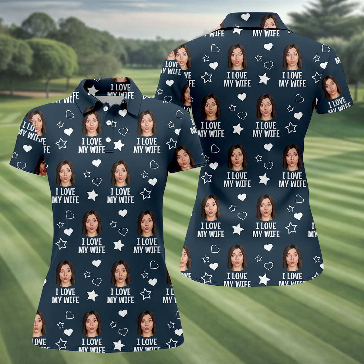 I Love My Husband Custom Face Navy Golf Shirt, Fun Women's Golf Shirts, Valentines Golf Gift, Ladies Golf Shirts