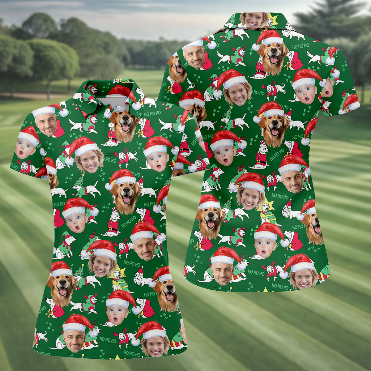 Custom Face Ho Ho Ho Cute White Dog Christmas Golf Shirt, Ladies Golf Shirts, Golf Gifts For Women