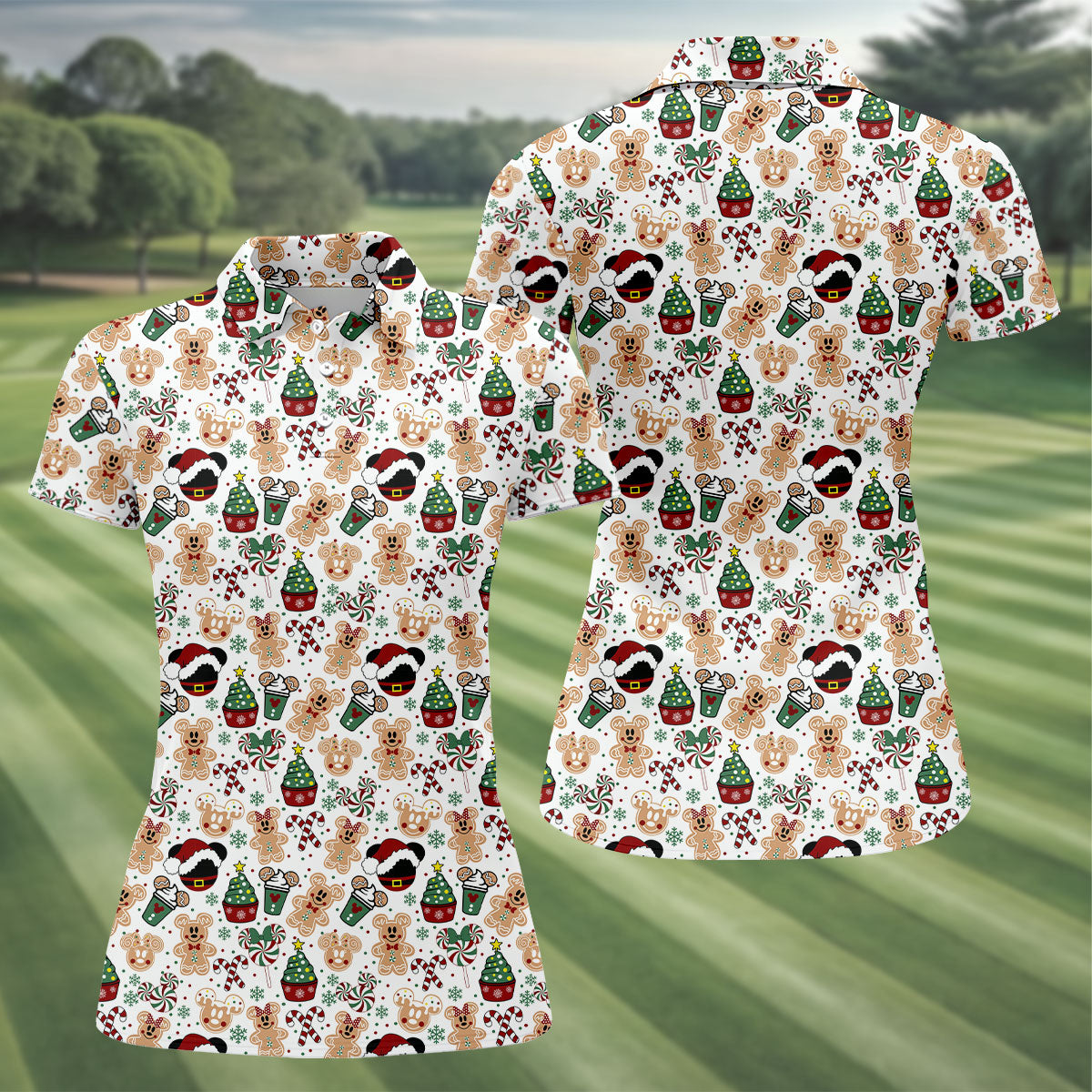 Christmas Sweets Pattern Women Golf Top, Cartoon Print Ladies Golf Polos, Christmas Golf Shirt, Golfing Apparel