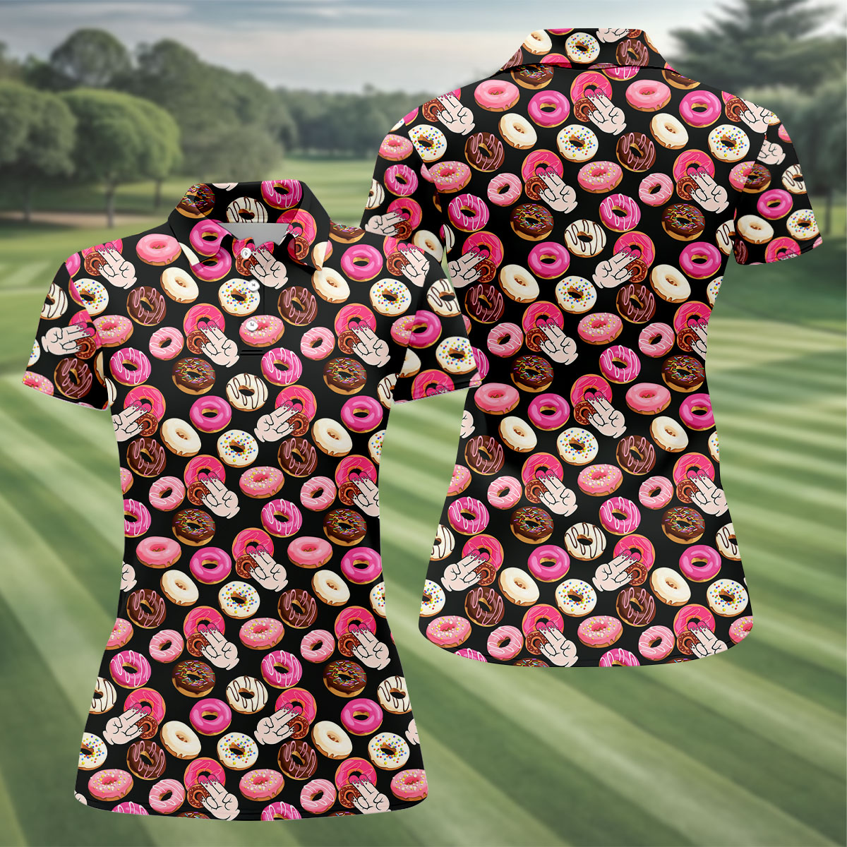Funny Donut Adult Humor Black And Pink Fun Women's Golf Shirts, Women's Golf Tops, Ladies Golf Shirts