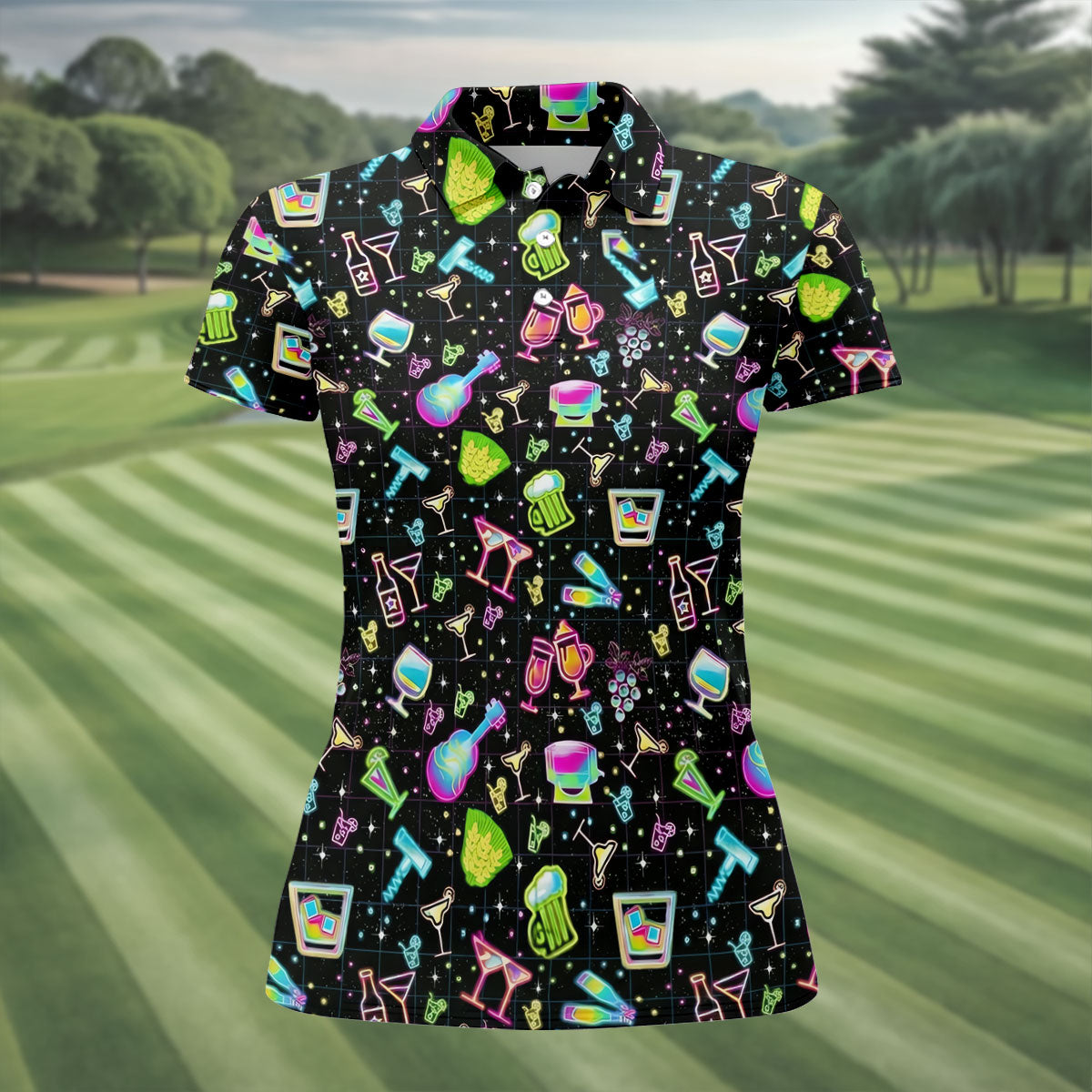 Neon Cocktail Party Pattern Golf Shirt, Women's Golf Shirt, Hawaiian Golf Shirt