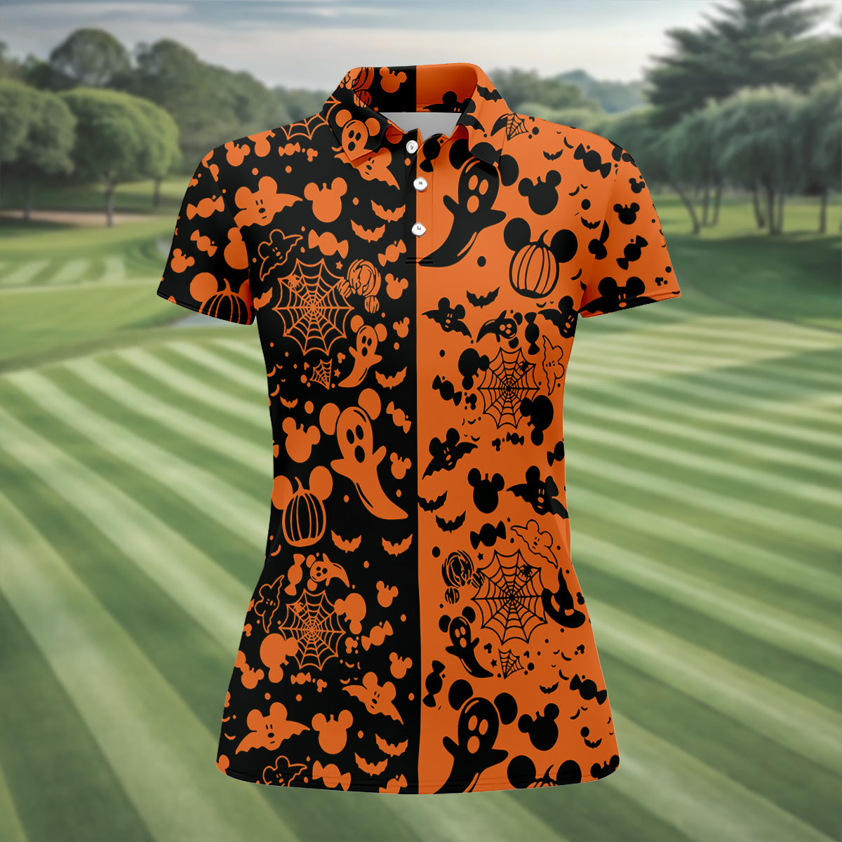 Cute Animated Ghost Black And Orange Halloween Golf Shirt, Fun Women's Golf Shirts, Ladies Golf Polos