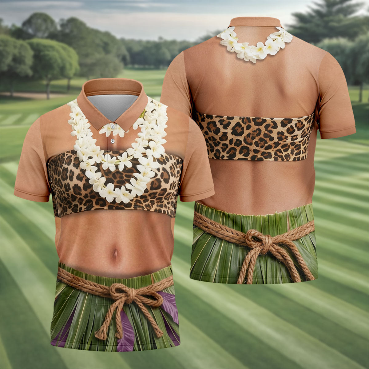Floral Lei Tropical Theme Party Leopard Print Hawaiian Golf Shirt, Polo Shirts For Men