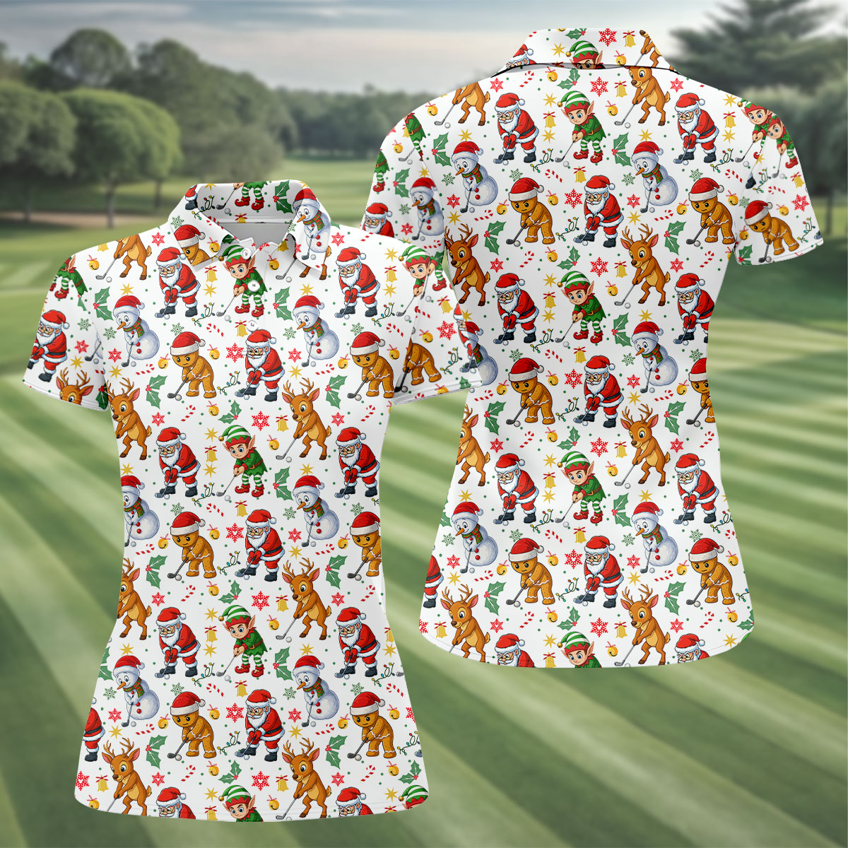 Funny Christmas Characters Ladies Golf Tops, Cute Golf Outfit, Fun Women's Golf Shirts, Christmas Golf Shirt