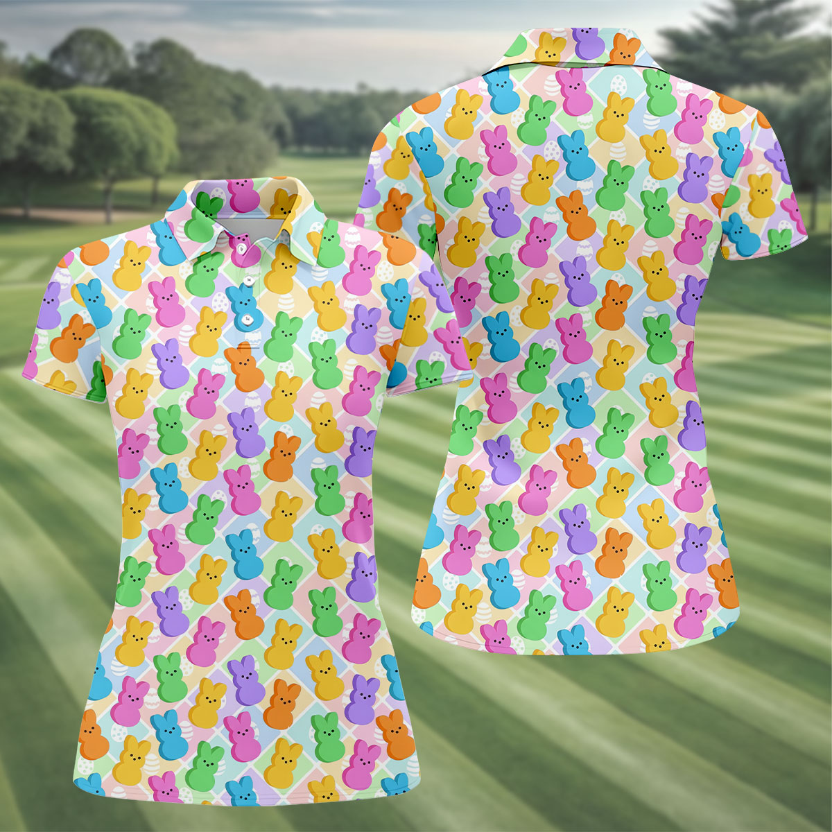 Pastel Easter Peeps Colorful Checkered Women Golf Top, Cute Golf Outfit, Ladies Golf Shirts