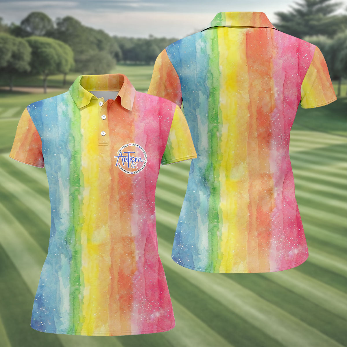 Autism Awareness Watercolor Rainbow Ladies Golf Tops, Women's Golf Shirts, Ladies Golf Polos,
