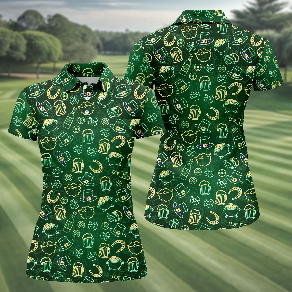Beer Shamrock Neon Pattern St Patrick's Day Golf Shirt, Women Golf Top, Ladies Golf Shirts
