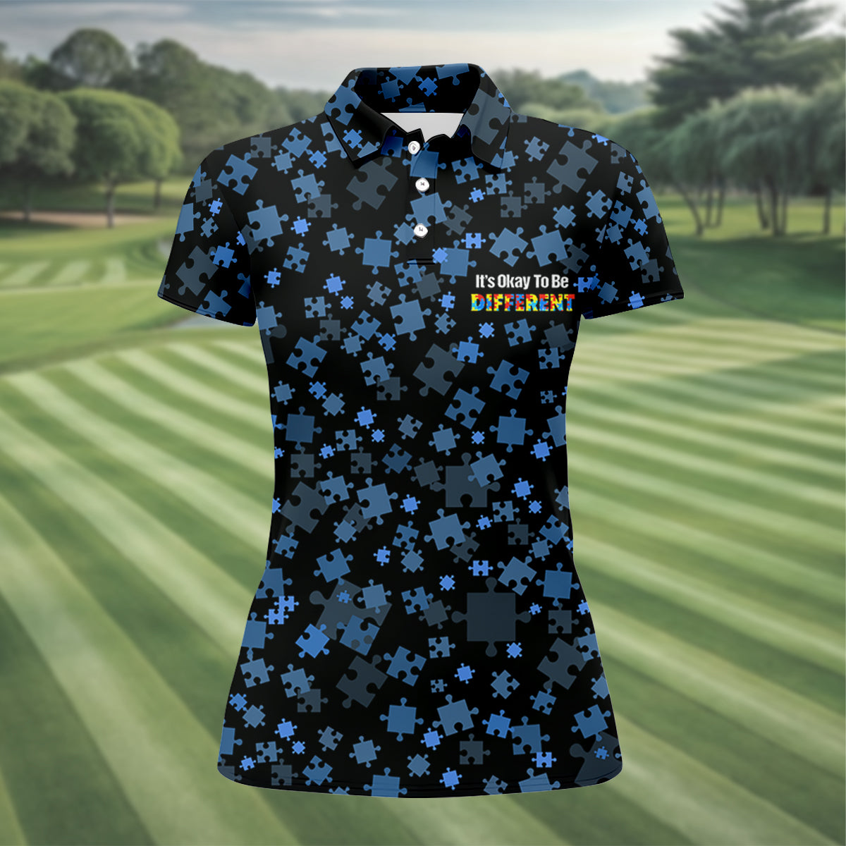 It's Okay To Be Different Autism Awareness Black And Blue Puzzle Pattern Ladies Golf Shirts, Golf Shirt For Women