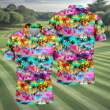 Watercolor Tropical Palm Golf Shirt, Colorful Sunset Hawaiian Polo, Polo Shirts For Men