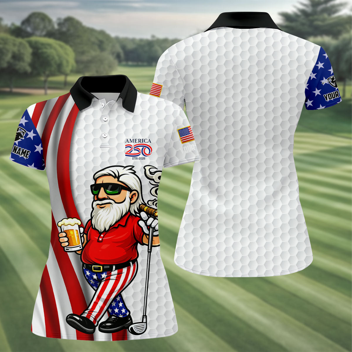America 250 Patriotic Man 4th Of July White Golf Shirt, Golf And Beer Women's Golf Tops
