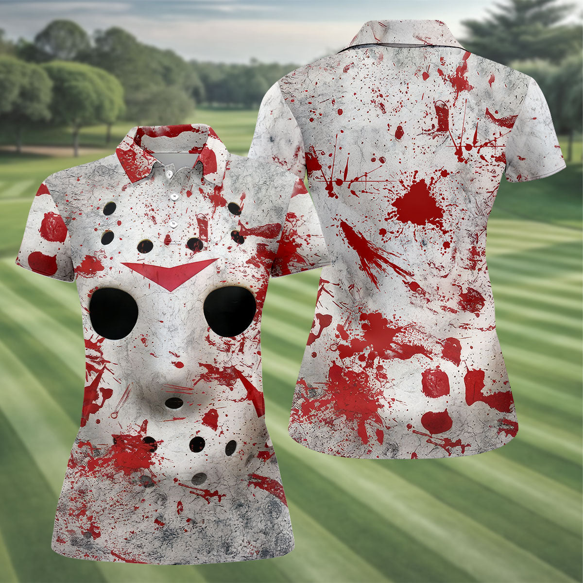 Creepy Horror Face Women's Golf Tops, Horror Cosplay Ladies Golf Polos, Halloween Golf Shirt