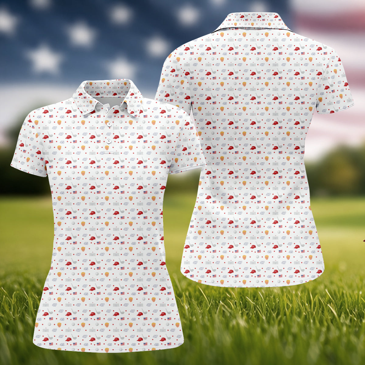 45 47 US Flag Pattern White Golf Shirt, Funny Golf Shirt, Women's Golf Tops, Ladies Golf Shirts