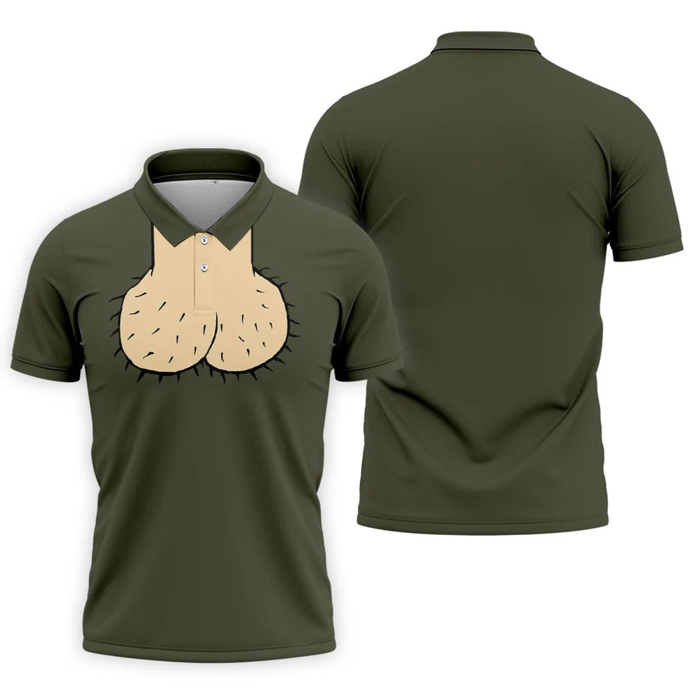 Olive Green Funny Dickhead Faux Chest Golf Shirt, Polo Shirts For Men, Golf Apparel For Men