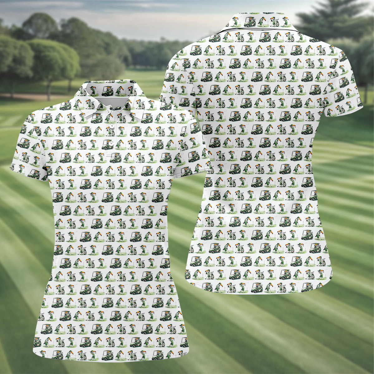 Funny Toucan Golf Pose White And Green Ladies Golf Tops, Fun Women's Golf Shirts, Golf Shirt For Women