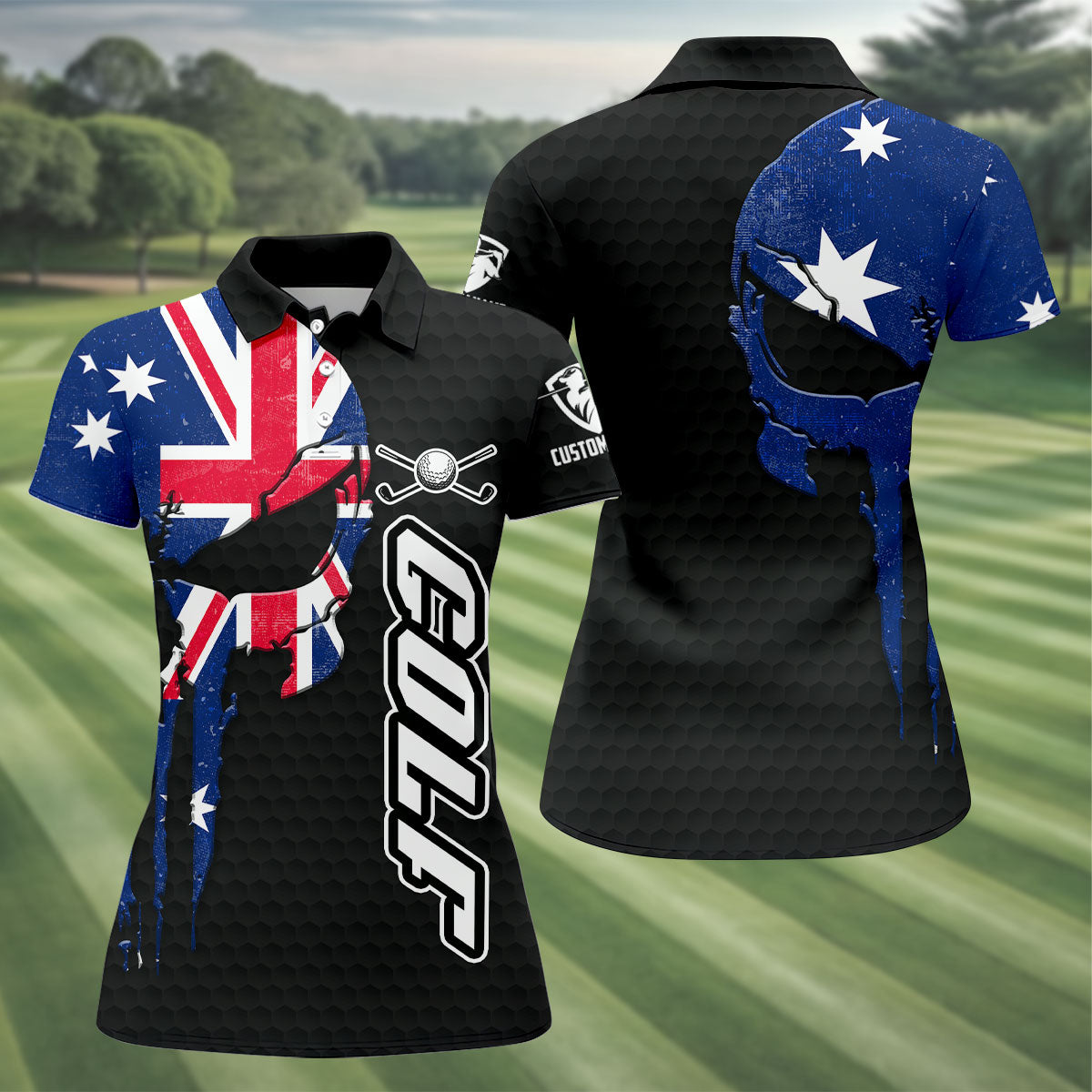 Cool Skull Golf Ball Pattern Australia Flag Print Black Golf Shirt, Golf Shirt For Women