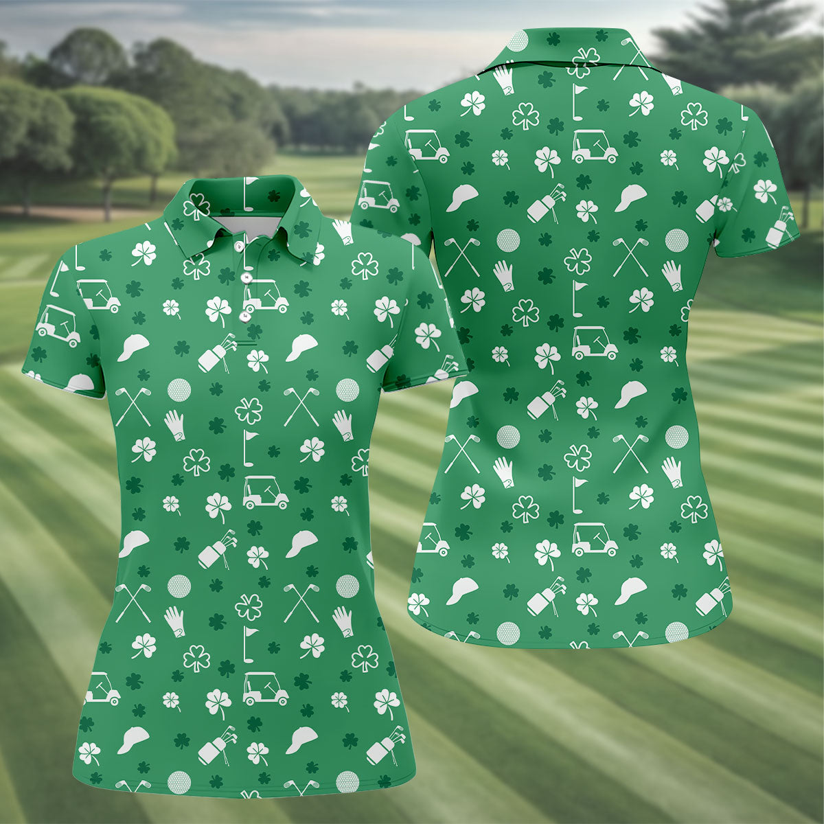 Golf Items Seamless Pattern St. Patrick’s Day Shamrock Golf Shirt, Women's Golf Tops, Ladies Golf Polos