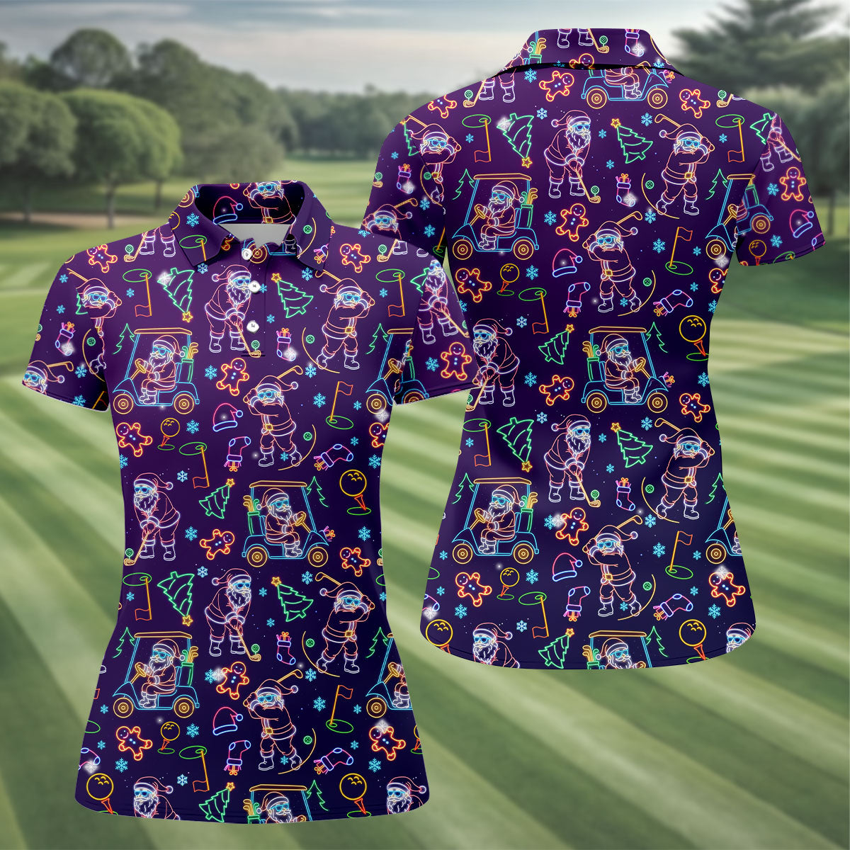 Christmas Neon Santa Golf Pose Women's Funny Golf Tops, Christmas Golf Shirt, Polo ShirtFor Women