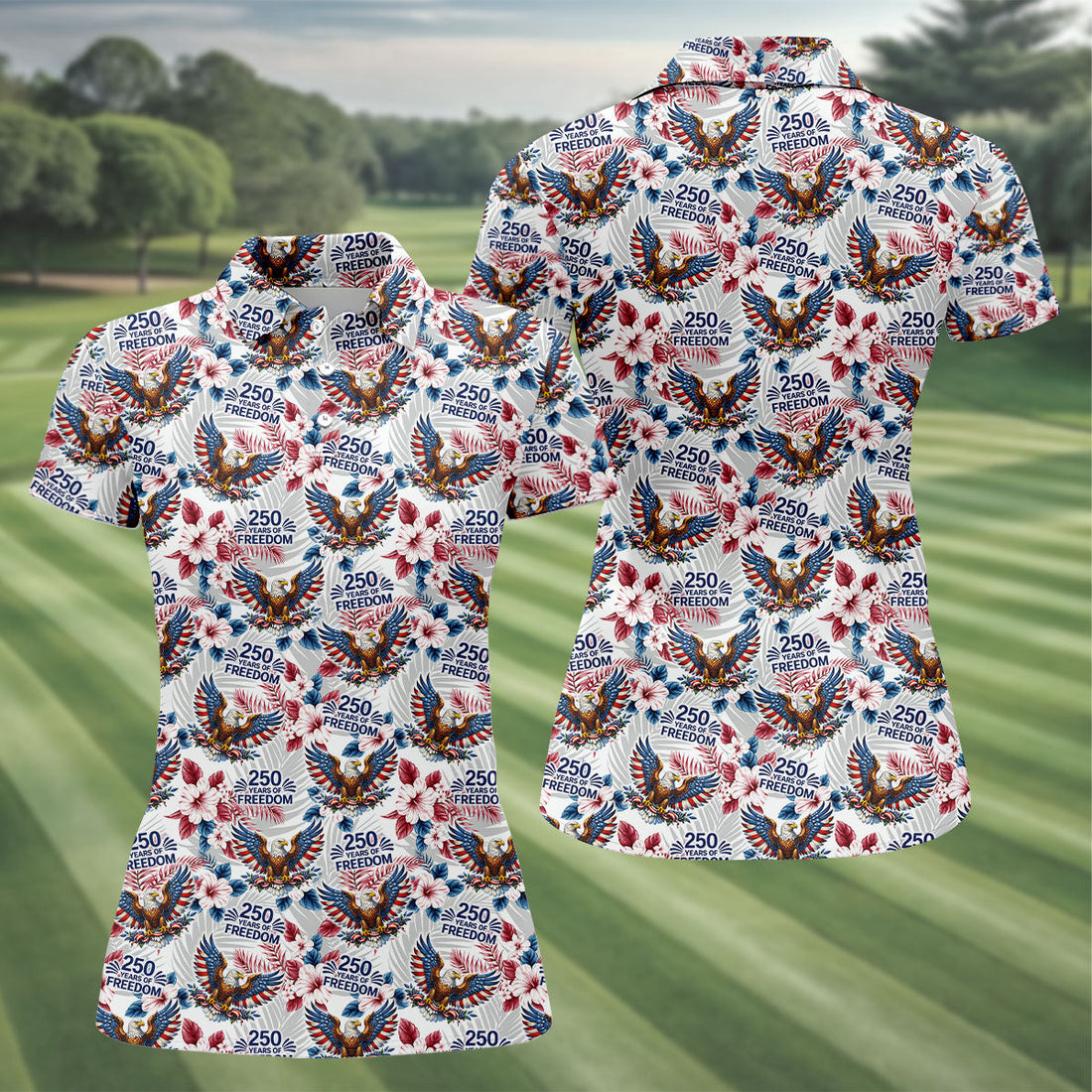 250 Years Of Freedom US Bald Eagle Tropical Theme Ladies Golf Shirts, Patriotic 4th Of July Golf Shirt For Women