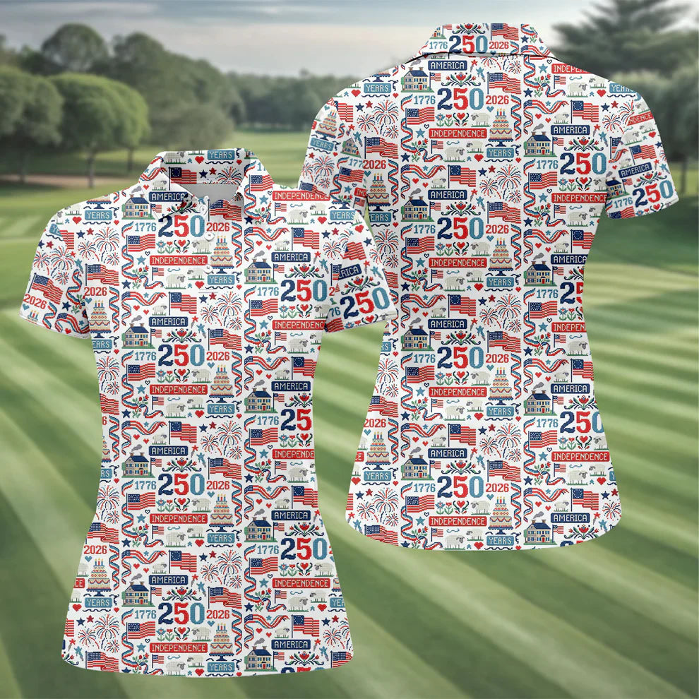 America Independence 250 Years White Golf Shirt, Patriotic 4th Of July Golf Shirt For Women