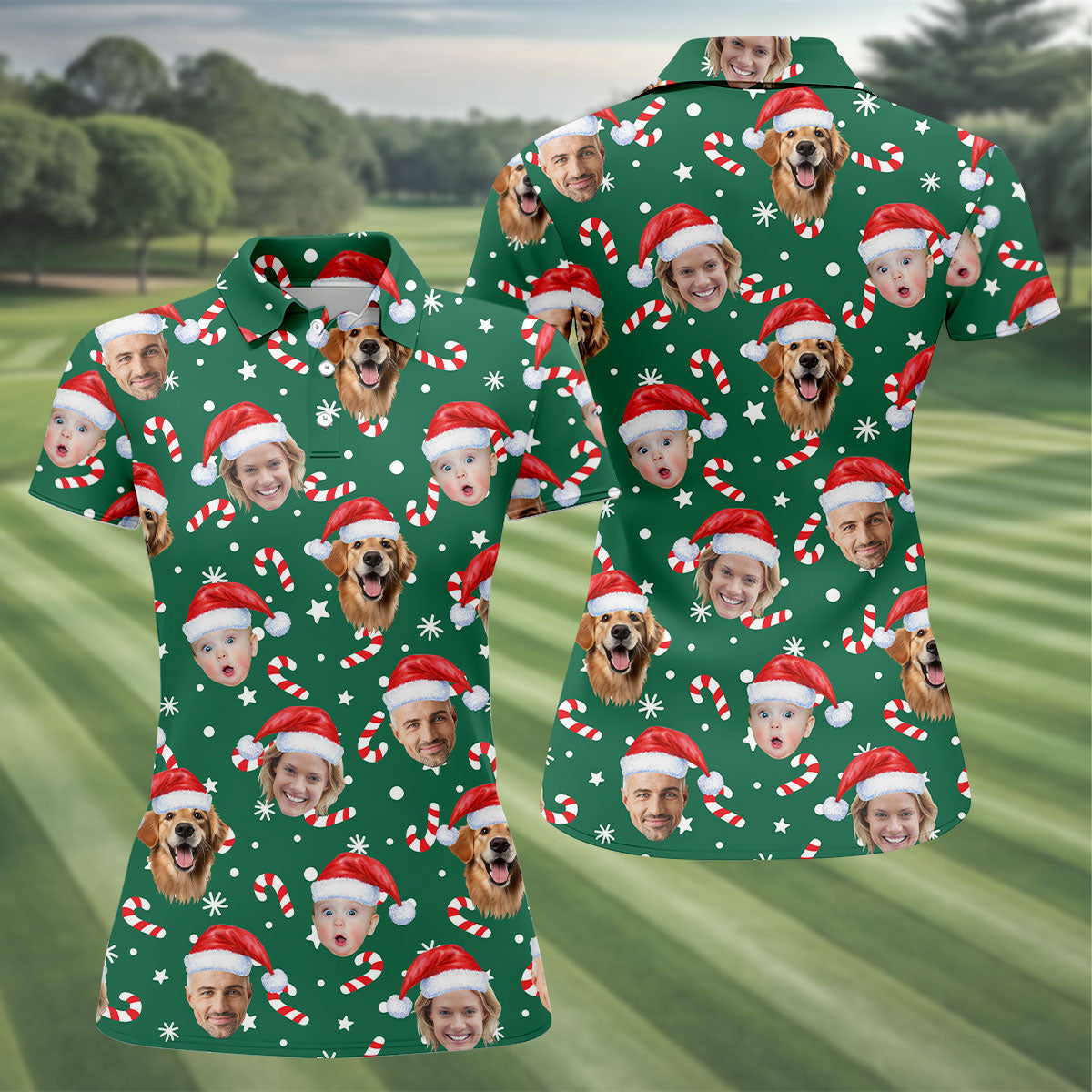 Custom Face Candy Cane Pattern Green Golf Shirt, Christmas Golf Shirt, Women's Golf Tops, Ladies Golf Shirts
